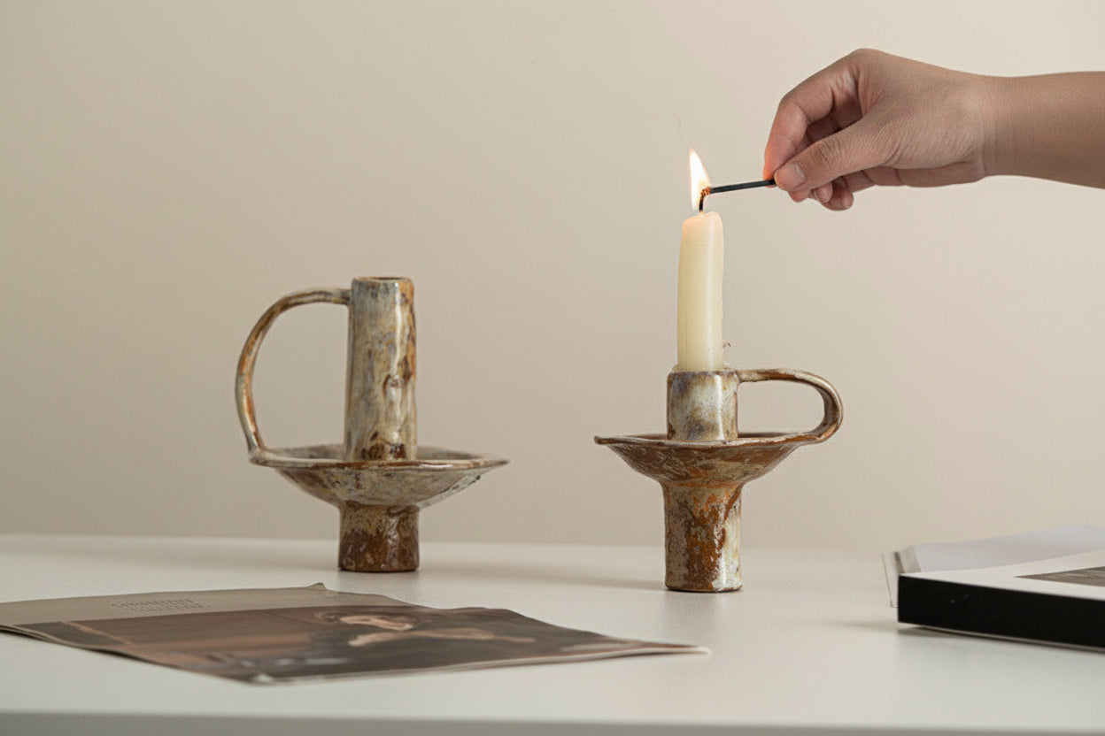 Person lighting a candle in a rustic metal holder with 'Guinon' branding.