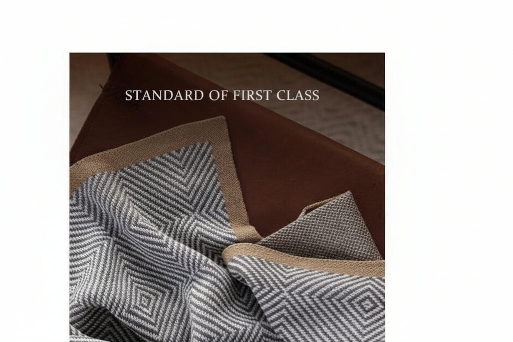 Textured fabric with geometric pattern on a brown surface, featuring the text 'Standard of First Class' and Chinese characters.