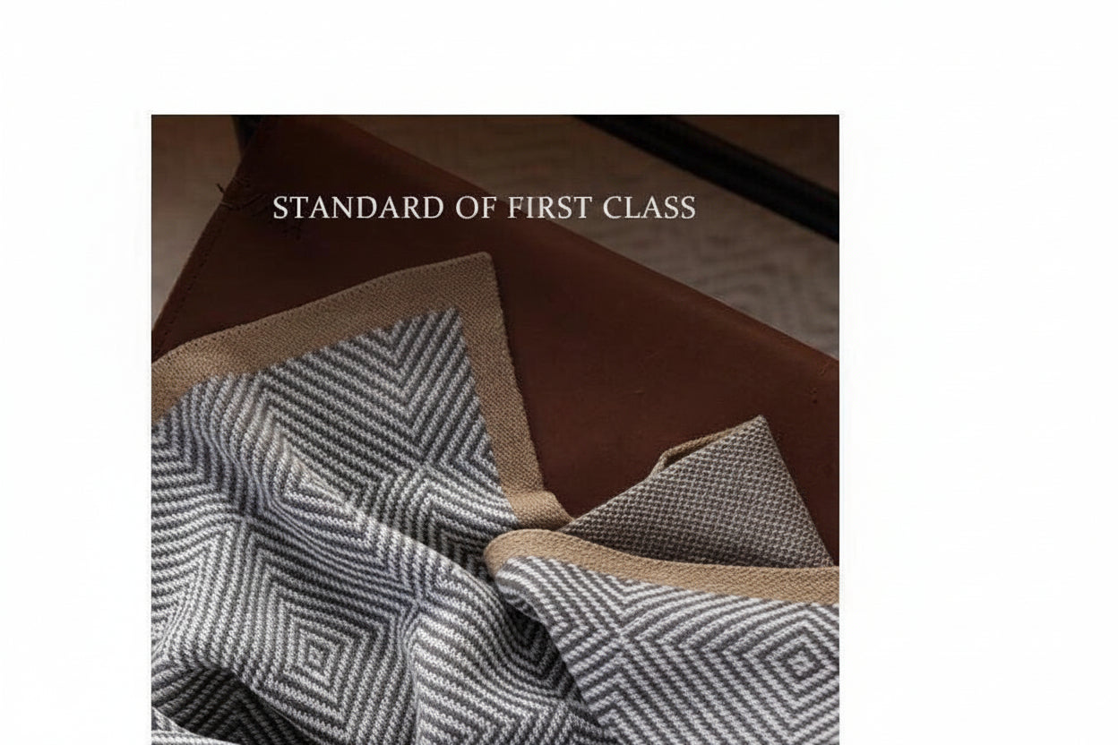 Textured fabric with geometric pattern on a brown surface, featuring the text 'Standard of First Class' and Chinese characters.